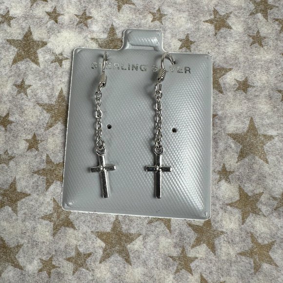 NEW Real Silver Dangling Cross Earrings - Picture 3 of 6